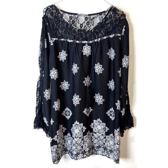 Venus Black & White Lace Boho Tunic Blouse With Tassel Tie Accent Small - Picture 2 of 4